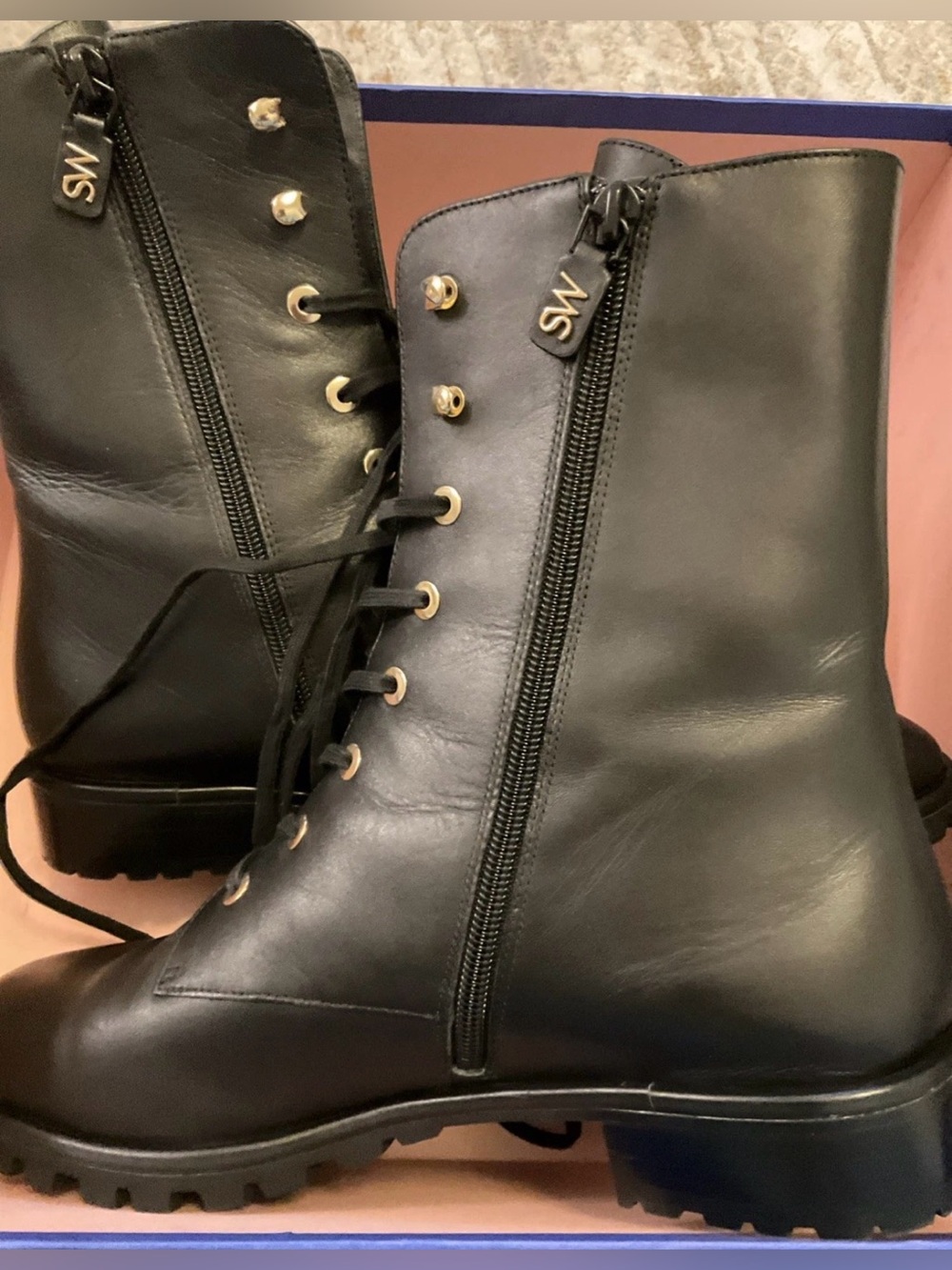Stuart Weitzman Laine Pearl Leather Combat Boot BLACK Size 11B 41.5